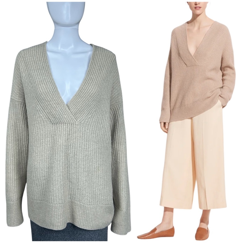 Vince Overlap Cashmere Wool Blend V-Neck Tunic Size XL Chunky Knit Sweater